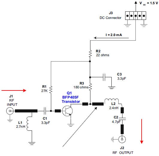 3 - 4GHz UWB Low Noise Amplifier Using the BFP405F consumes only 2mA from a 1.5V Power Supply