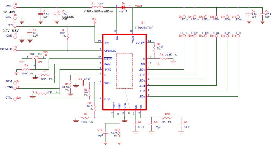 LT3598EUF Demo Board, 6-String 30mA LED Driver with 2% Current Matching