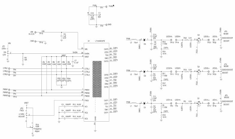 LT3496EUFD Demo Circuit, Boost or Buck-Boost mode Triple Output LED Driver @ 200mA/channel