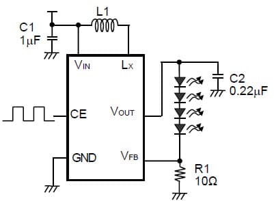 R1201L051 Application Circuit, Step-Up DC/DC converter for White LED Backlight