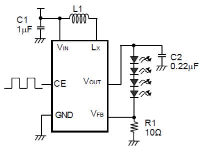 R1218K021A Application Circuit, Step-Up DC/DC converter for White LED Backlight