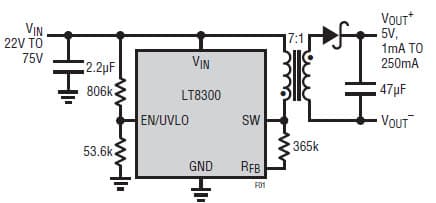 Complete 5V Flyback Converter for a 22V to 75V Input