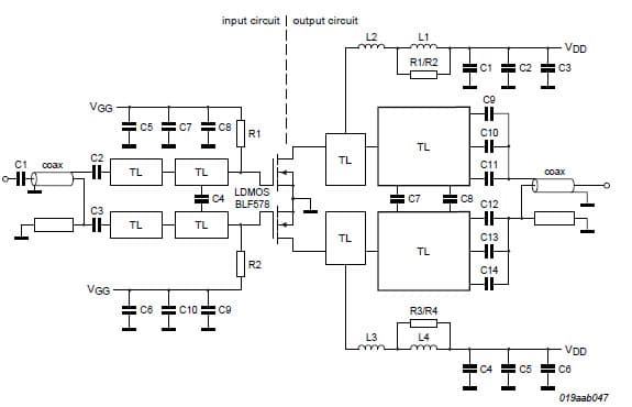 BLF578 demo for 352 MHz 1kW CW power Application Circuit