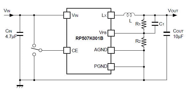 RP507K001 Application Circuit, DC to DC Step-Down Converter with Synchronous Rectifier