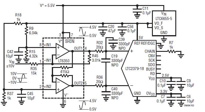 LTC2379-18 Single Supply, 10V Single-Ended Driver Using the LT6350