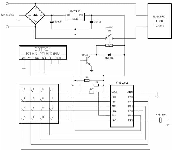 AVR245 Code Lock + 4x4 Keypad and I2C LCD Application Circuit