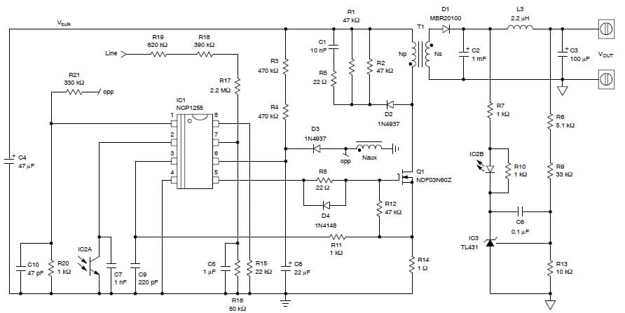 Typical Implementation of the NCP1255 in an Isolated Flyback Converter