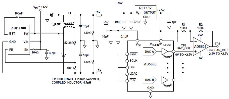 Precision 16-Bit, Bipolar Output Voltage Source with +12 V to ±5 V Supply