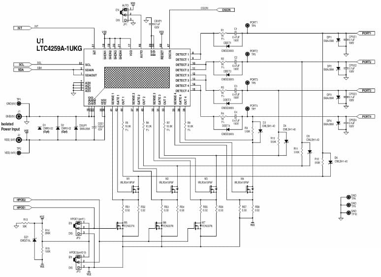 LTC4259A Demo Board, Quad -54V Hot-Swap controller designed for use in HIGH Power/IEEE 802.3af compliant Power Sourcing Equipment