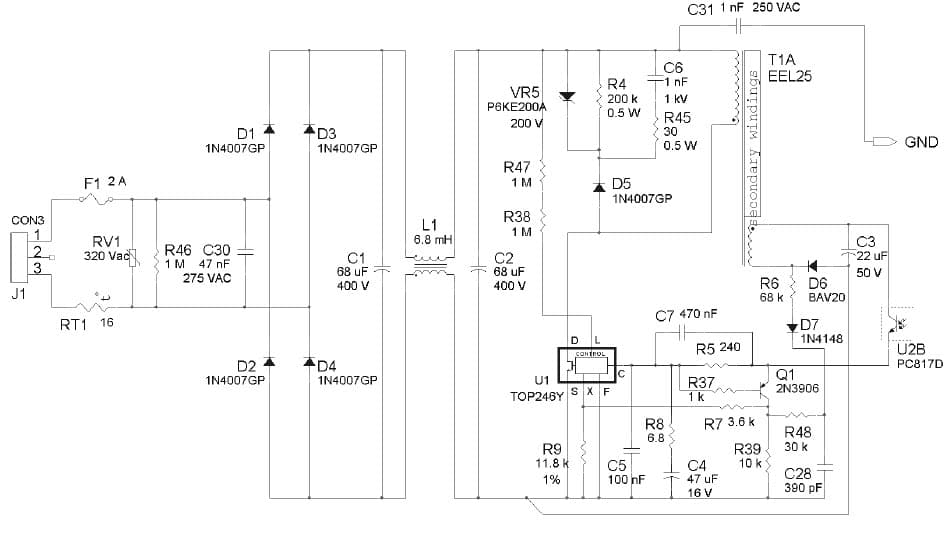 DER-40, 21W (45W peak) Multiple Output Power Supply using TOP246Y