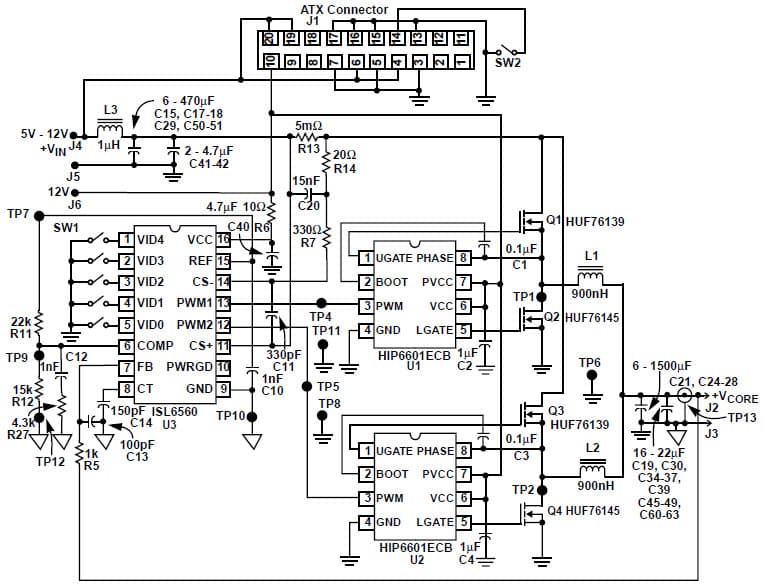 ISL6560EVAL1, Evaluation Board was designed to accommodate the ISL6560 power supply controller IC