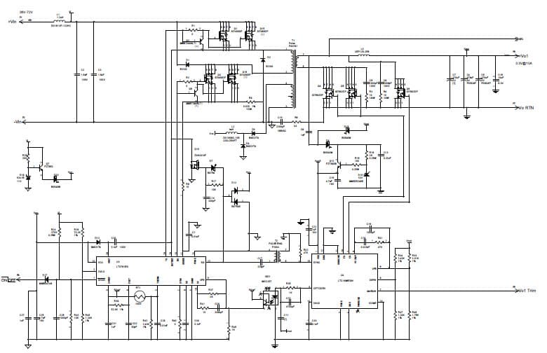 LT3710EFE LT3781EG LTC1698EGN Demo Board, Dual Output Isolated Power Supply, 36V to 72V Input, 3.3Vout @ 10A, 1.8/2.5Vout @ 10A