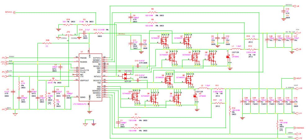 LTC1929CG-PG LTC4350GN Demo Board, Dual Phase, Step-Down Supply w/Hot-Swappable Load Share Module, 5V to 14V Input, 3.3Vout @ 40A