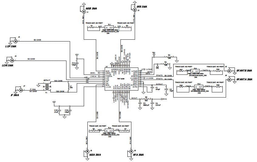 TRF2436EVM, High-power, dual-band RF front-end under various signals, reference, and supply conditions