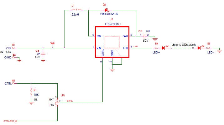 LT3593 Demo Board, LED Driver with One Wire Control and Output Disconnect