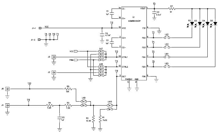 ADM8843EB-EVALZ, Evaluation Board using ADM8843 charge pump driver for LCD white LED backlights