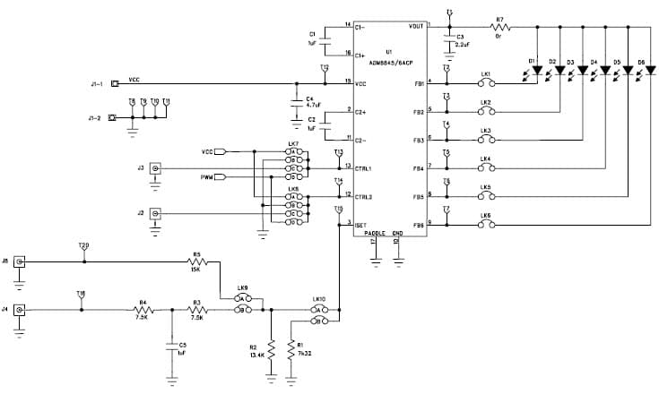 ADM8845EB-EVALZ, Evaluation Board allows ADM8845 Charge Pump Driver for LCD white LED backlights to be quickly and easily evaluated