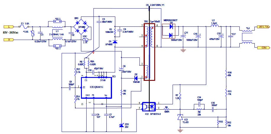 28W, 16V Evaluation Board with Quasi-Resonant CoolSET ICE2QR0665G