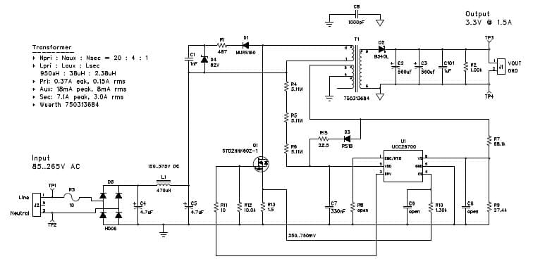 PMP8519, Flyback Converter using UCC28700 (3.3V @ 1.5A)