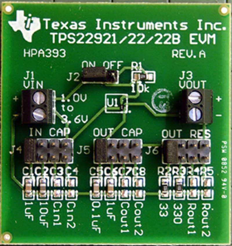 TPS22921EVM is an evaluation module for the family of low-input voltage, ultra-low rON load switches