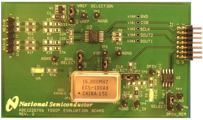 ADC122S706EB, Evaluation Board using ADC122S706 dual 12-bit, 500 kSPS to 1 MSPS simultaneous sampling ADC