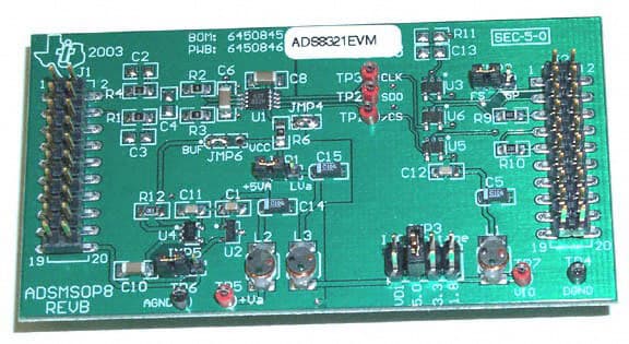 ADS8321EVM, MSOP8 Evaluation Module is an EVM that permits the testing of ADS8321, 16 bit MS0P8 devices