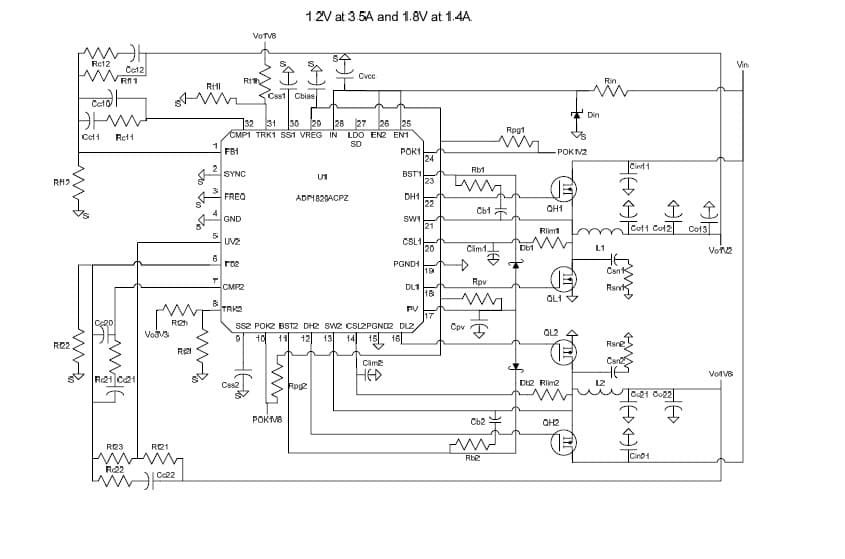 ADP1829 PWM buck controller uses 15.2 V to 16.8 V for the input voltage