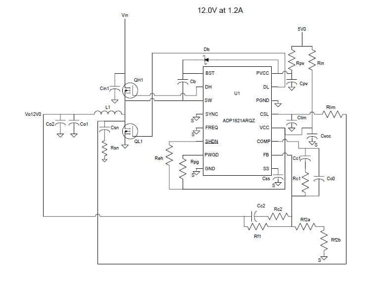 ADP1821 PWM buck controller uses 15.2 V to 16.8 V for the input voltage