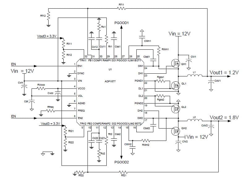 ADP1877 PWM buck controller uses 10.8 V to 13.2 V for the input voltage