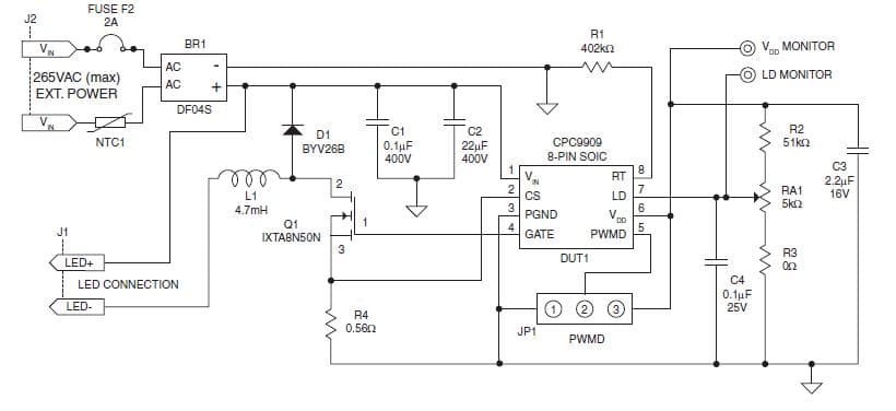 CPC9909EB, Evaluation Board using CPC9909 high brightness (HB), Off-Line LED driver