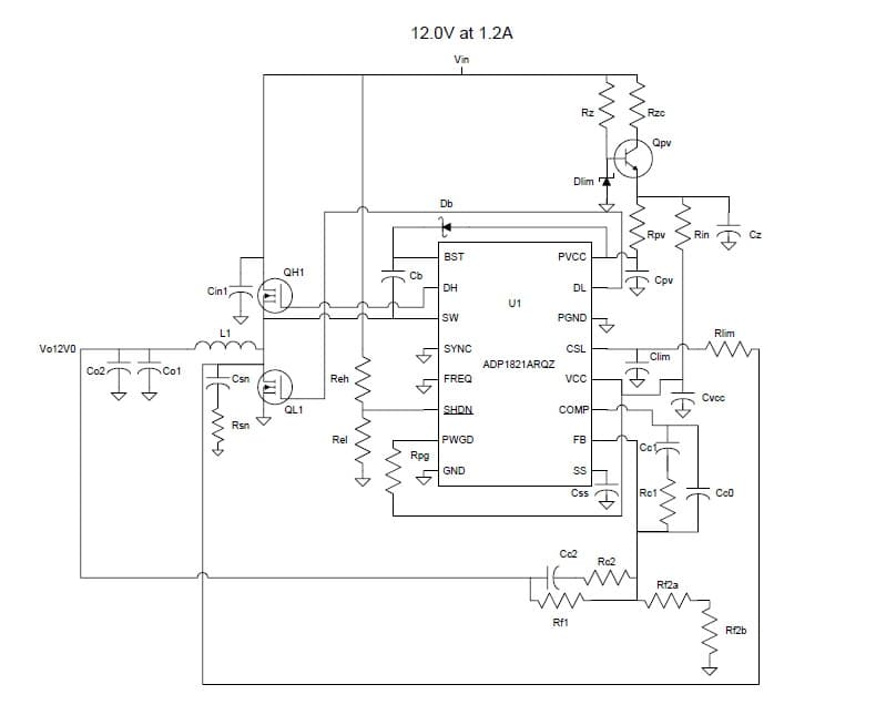 ADP1821 PWM buck controller uses 14.4 V to 20.0 V for the input voltage