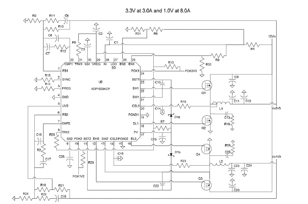 ADP1829 PWM buck controller uses 10.8 V to 13.2 V for the input voltage