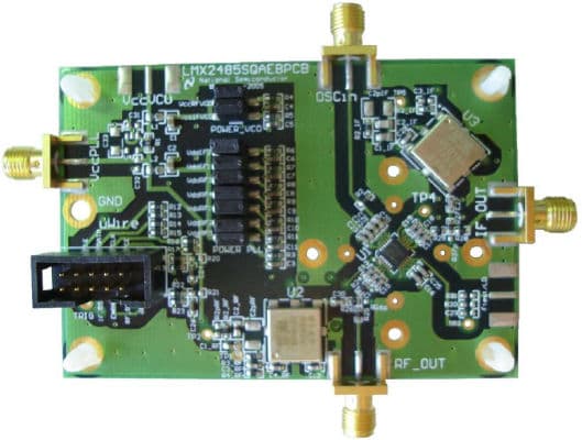 LMX2485EVAL, Evaluation Board using LMX2485 low power, high performance delta-sigma fractional-N PLL dual frequency synthesizer