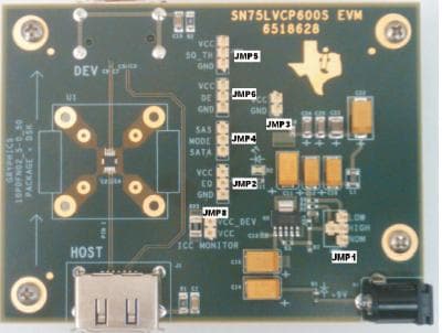 SN75LVCP600S EVM, Evaluation Board for the SN75LVCP600S SATA/SAS Redriver/Equalizer, highlighting key features operating conditions