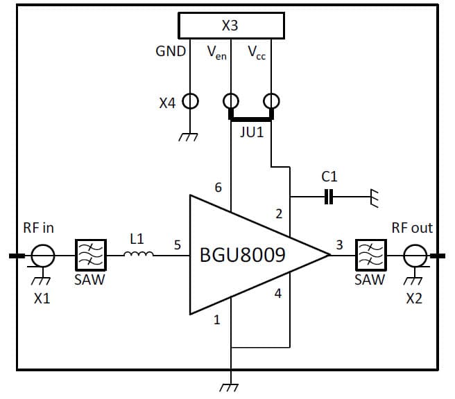 BGU8009 GNSS Front End Application Circuit for Mobile Cell Phones Applications