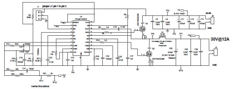 PMP8849, DC/DC Sync Buck Converter with 48Vin to 8-30Vout @ 12A Reference Design