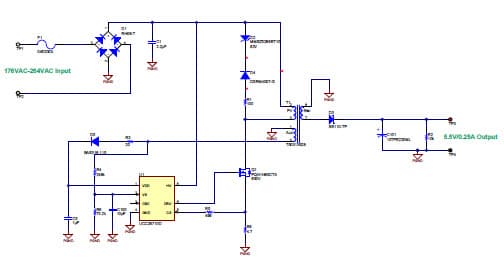 PMP8968, 230VAC Input,5.5V/250mA Non-Isolated Flyback Converter