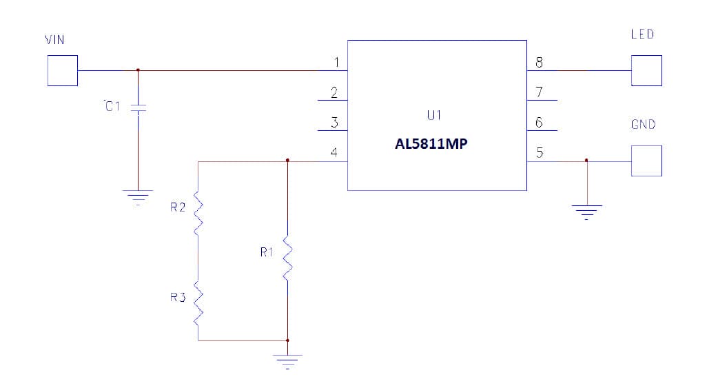 AL5811EV1, Evaluation Board using AL5811, 75mA, 60V Low-side adjustable Linear LED driver