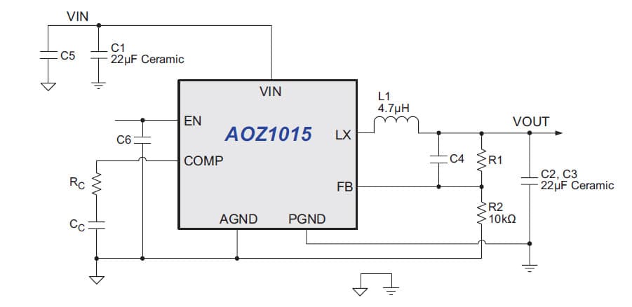 AOZ1015-EVA, Evaluation Board using AOZ1015 DC-DC single step down converter