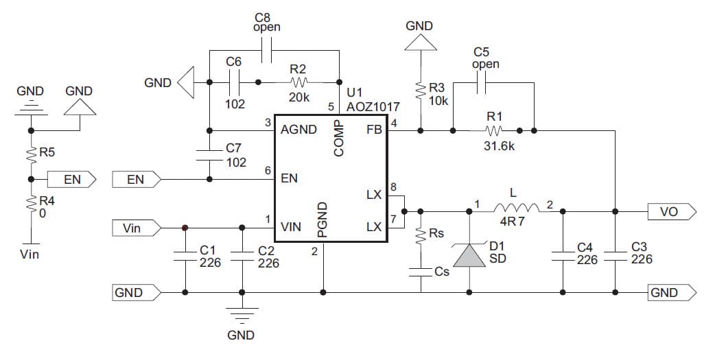 AOZ1017AI-EVB, Evaluation Board using AOZ1017AI DC-DC single step down converter