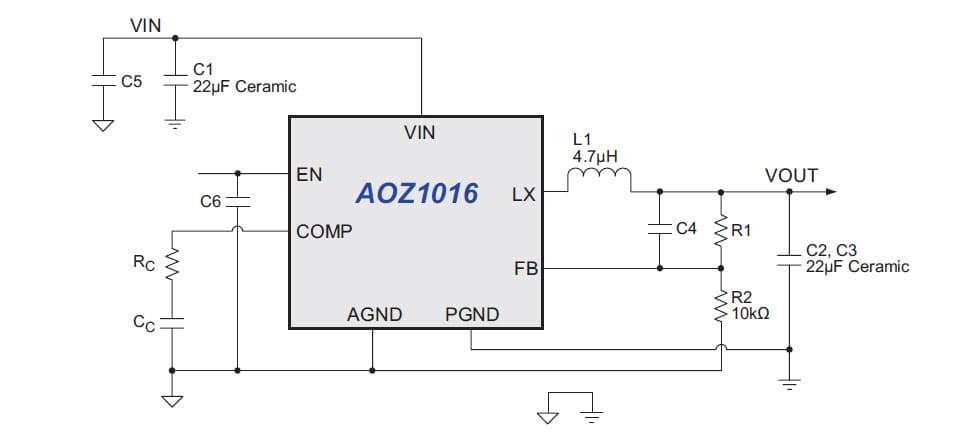 AOZ1016-EVA, Evaluation Board using AOZ1016 DC-DC single step down converter