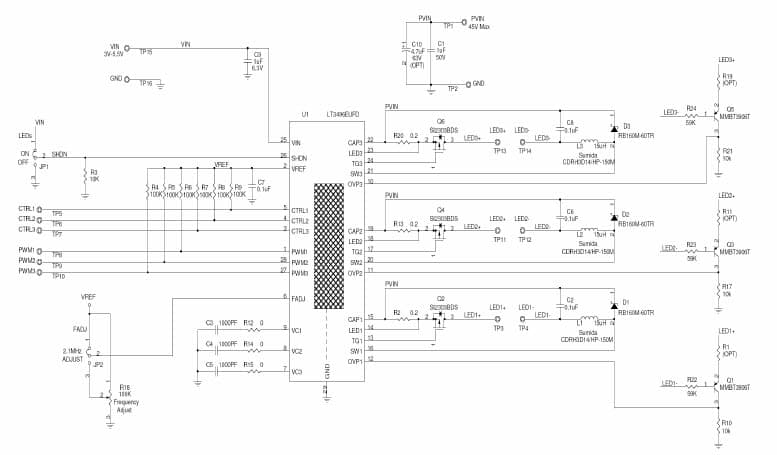 DC986A, Demo Board using LT3496EUFD triple output DC-DC converter designed as a current sources for driving high current LEDs, PWM Dimming