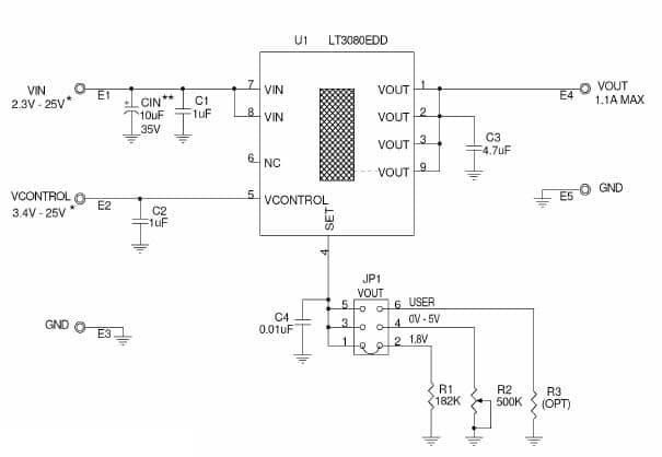 DC995A, Demonstration Board using LT3080EDD adjustable 1.1 A single resistor low dropout regulator