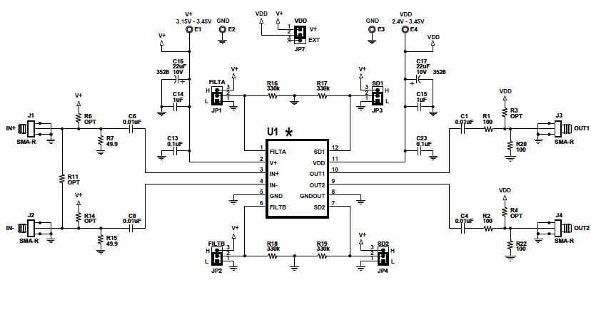 DC1766A-A, Demo Board using LTC6957-4 low phase noise, dual CMOS output buffer/driver/logic converter