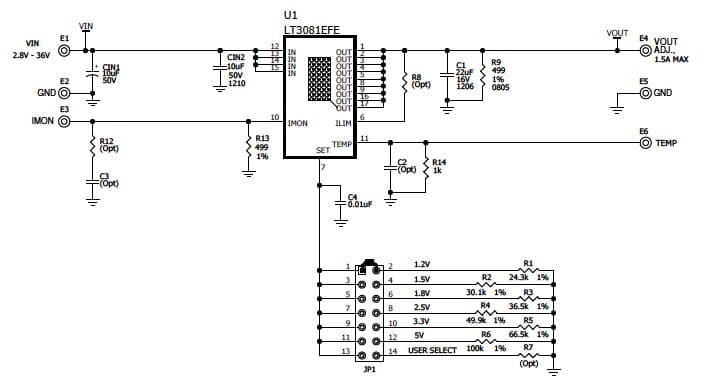 DC1870A, Demonstration Board using LT3081, 1.5 A single resistor rugged linear regulator with monitors