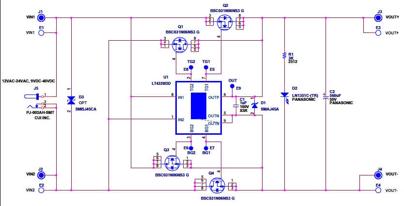 DC1823A, Demo Board for LT4320IDD 1.2kW Ideal Diode Bridge Full-Wave Rectifier with Vin = 9V to 40VDC @ 30A Iout