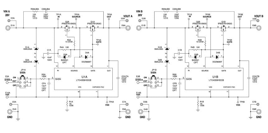 DC1676A, Demo Board using LTC4359HDCB, 28 V, 20 A ideal diode and switch with reverse input protection