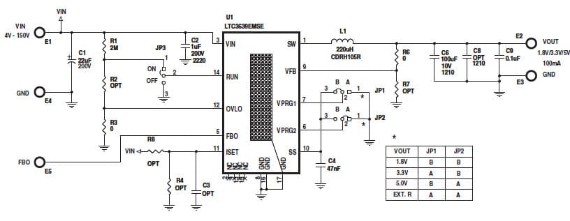 DC1901A, Demonstration Board using LTC3639EMSE high efficiency, 150V, 100mA synchronous buck converter