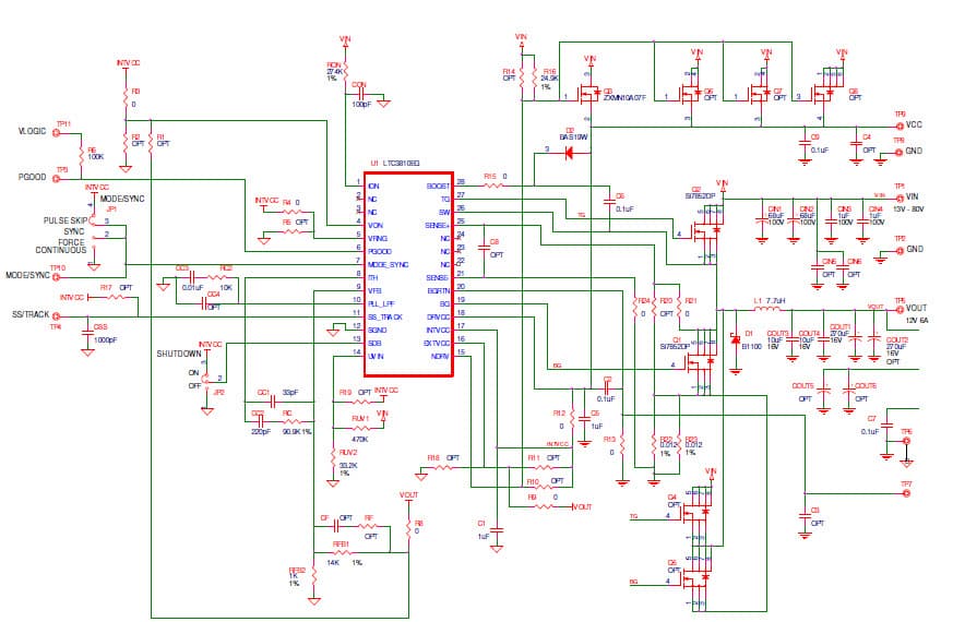 DC952A, Demonstration Board using LTC3810 current mode synchronous step-down regulator