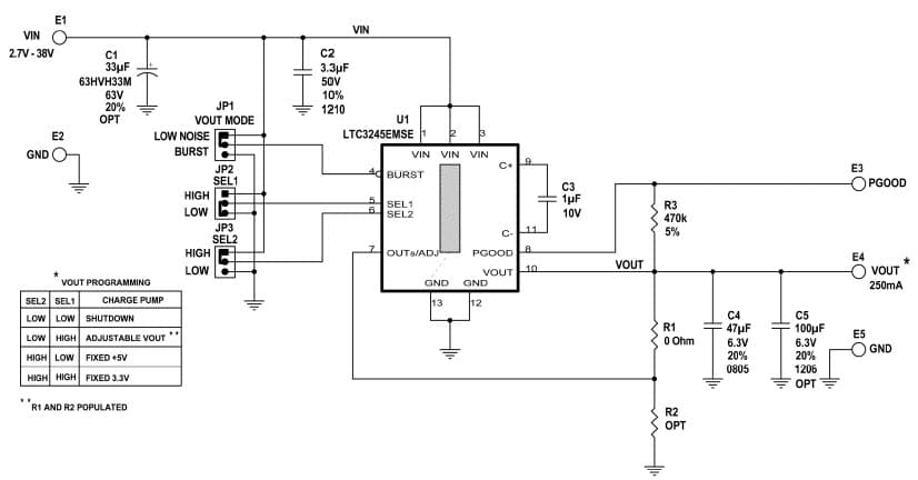 DC1802A, Demonstration Board using LTC3245EMSE wide VIN range, low noise, 250mA buck-boost charge pump